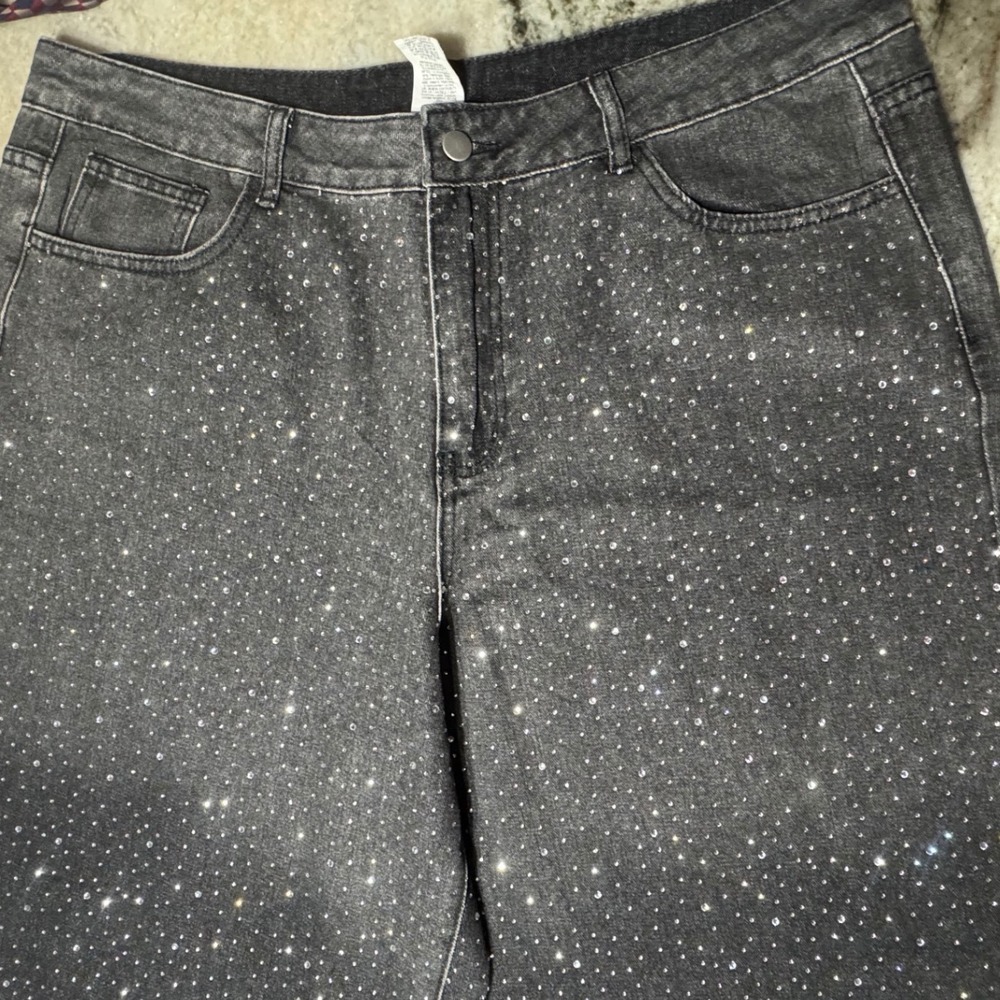 ANEWSTA Jeans Womens 1XL Rhinestone Denim Statemnt Black Wide Leg Festival Curve - Picture 8 of 12